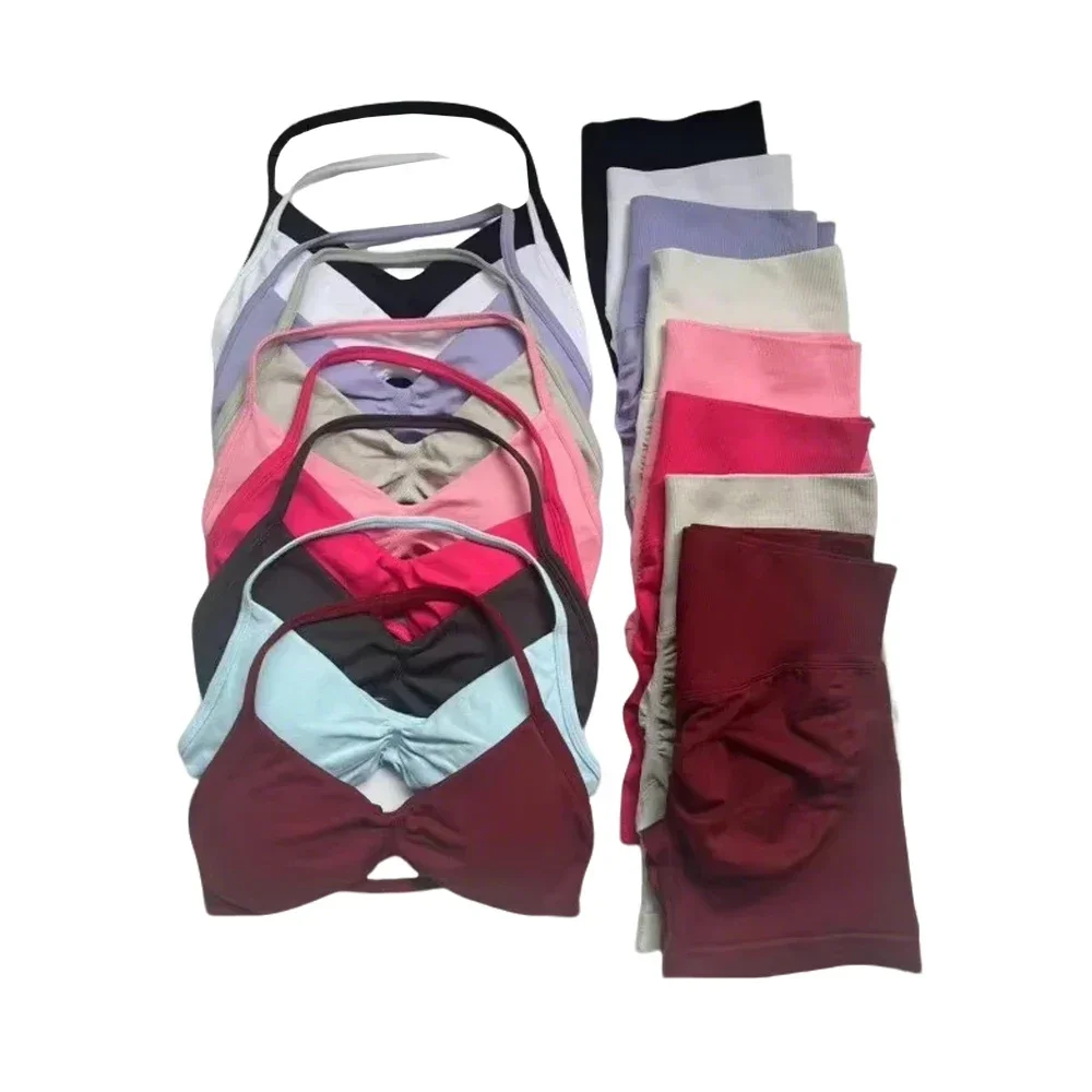 

Высококачественный женский спортивный комплект из 2 предметов, модная одежда для спортзала, йоги, фитнеса, шорты с подтяжкой бедер, бюстгальтер с ремешком на шее, комплект для пилатеса