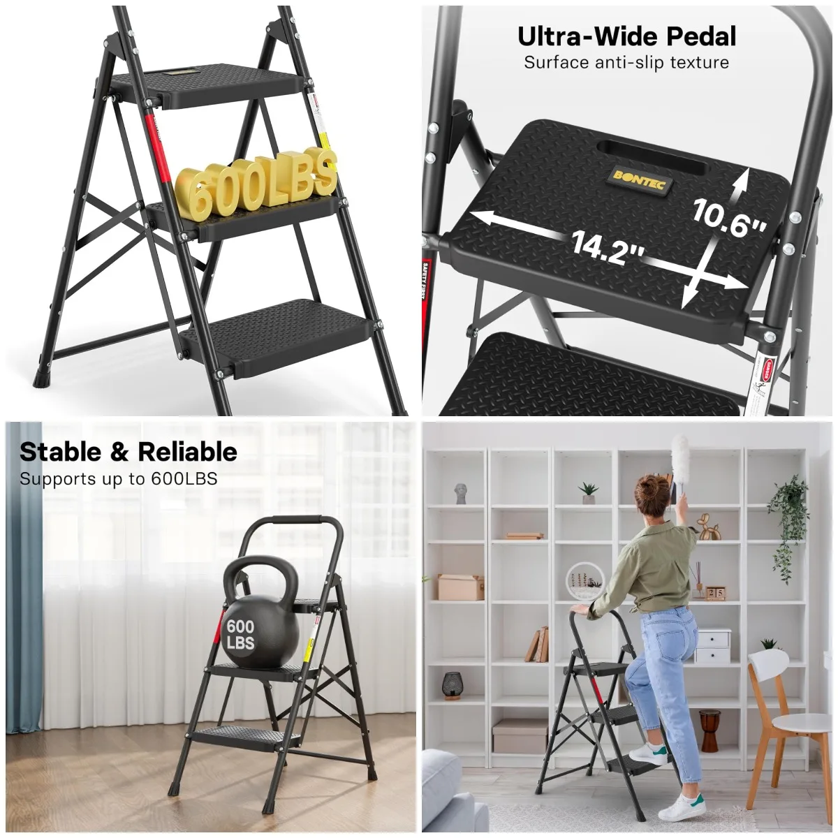 

3-Step Folding Ladder, 600lbs Capacity, Steel Non-Slip Step Stool with Handrail, Portable & Safe, Black