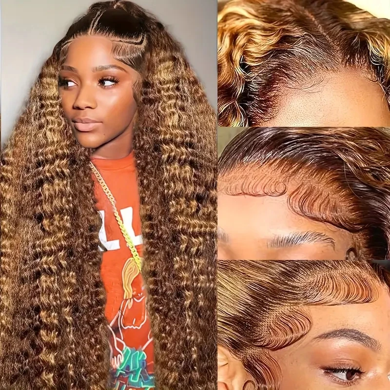 250% Density Curly Highlight 427 Human Hair Wigs Honey Blonde Pre-Plucked 13x6 HD Frontal Lace Deep Wave Ombre Wigs Human Hair