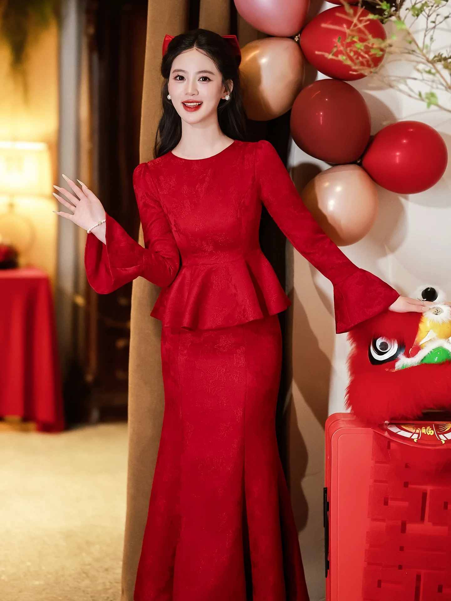 

Red Wedding Dr Evening Gown Women's Autumn Winter Fi Tail Wedding Dr Long Sve Engagement Parwear Vintage Sle