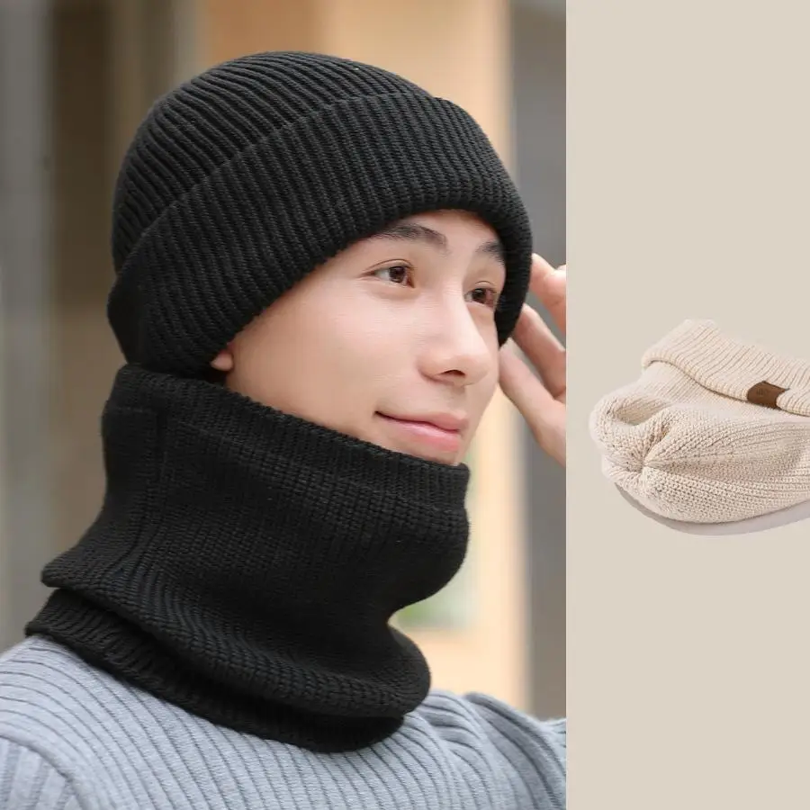 Winter Hat Scarf Set For Men Women Unisex Double Thickened Knitted Beanie Windproof Collar Keep Warm Korean Hat Scarf Women 2023