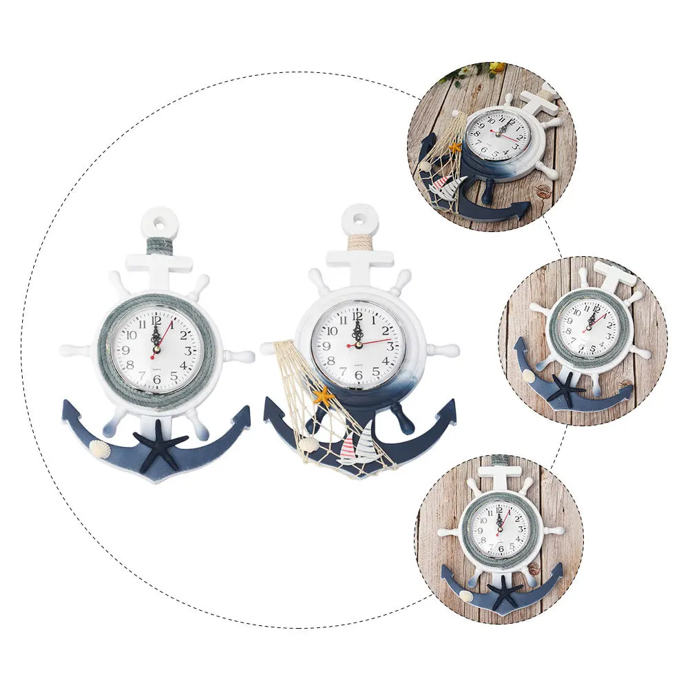 

2pcs Mediterranean Style Wall Anchor Shape Hanging Clock No Ticking For Bedroom Living Room Decor Wheel Wooden Silent Clock