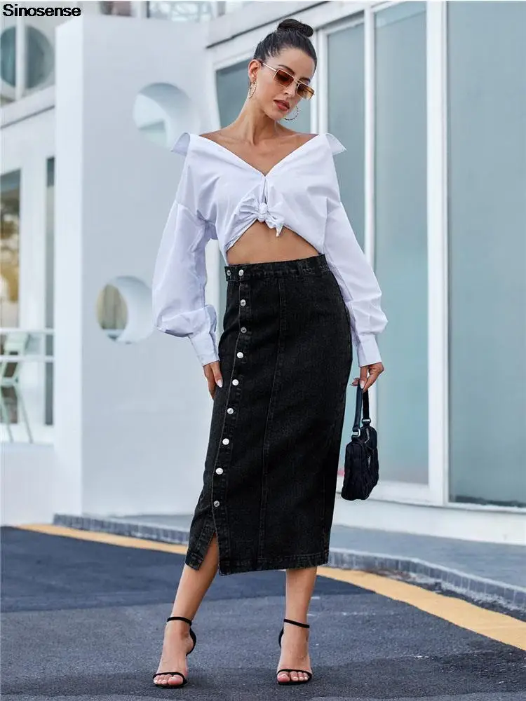 Women's Button Up Denim Jean Skirt Casual High Waisted Solid Black Skirts Ins Side Split Hem Stretchy Long Maxi Pencil Skirts