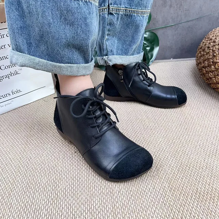 Birkuir Genuine Leather Short Boots For Women 2023 New Spring Autumn Shoes Handmade Elegant Retro Round Toe Lace-Up Ankle Boots