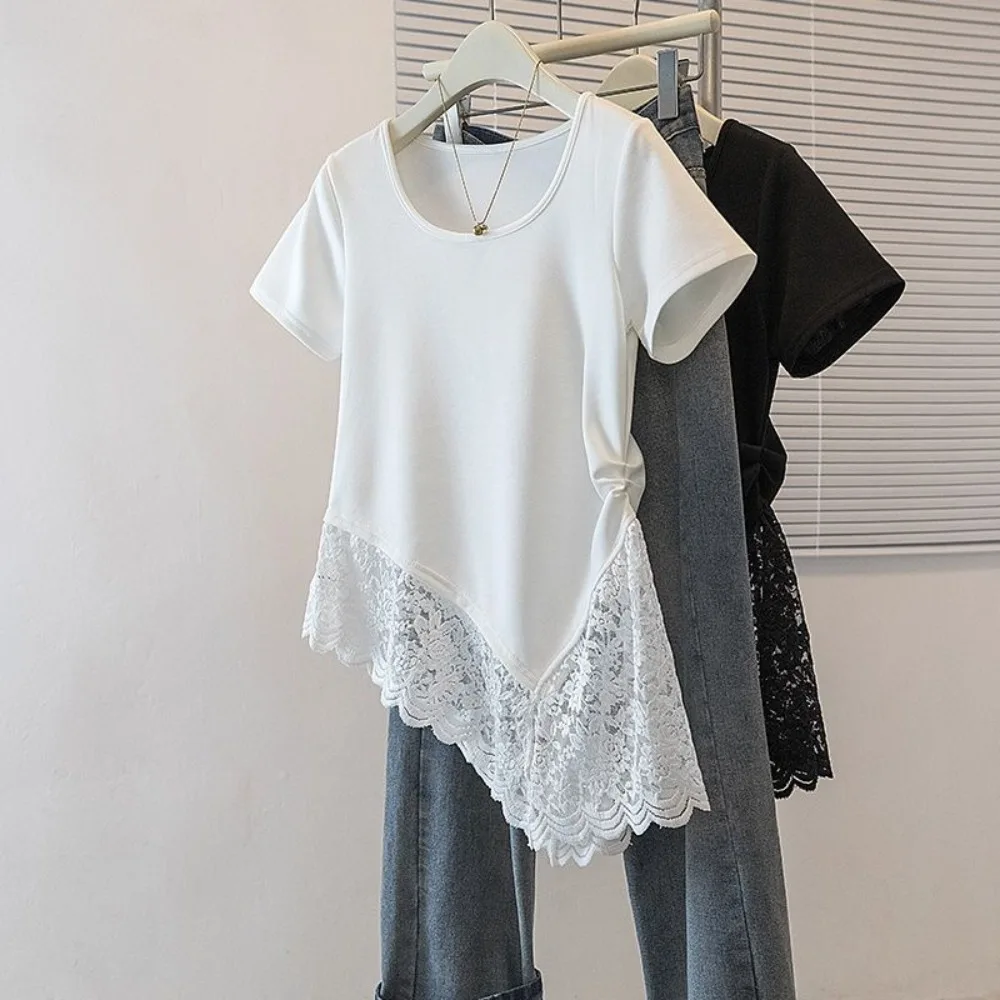 Large Size Women's Lace Patchwork Top Relaxed Fit Thin Short Sleeve T-Shirt Solid Color Breathable Casual Blouse Top Summer