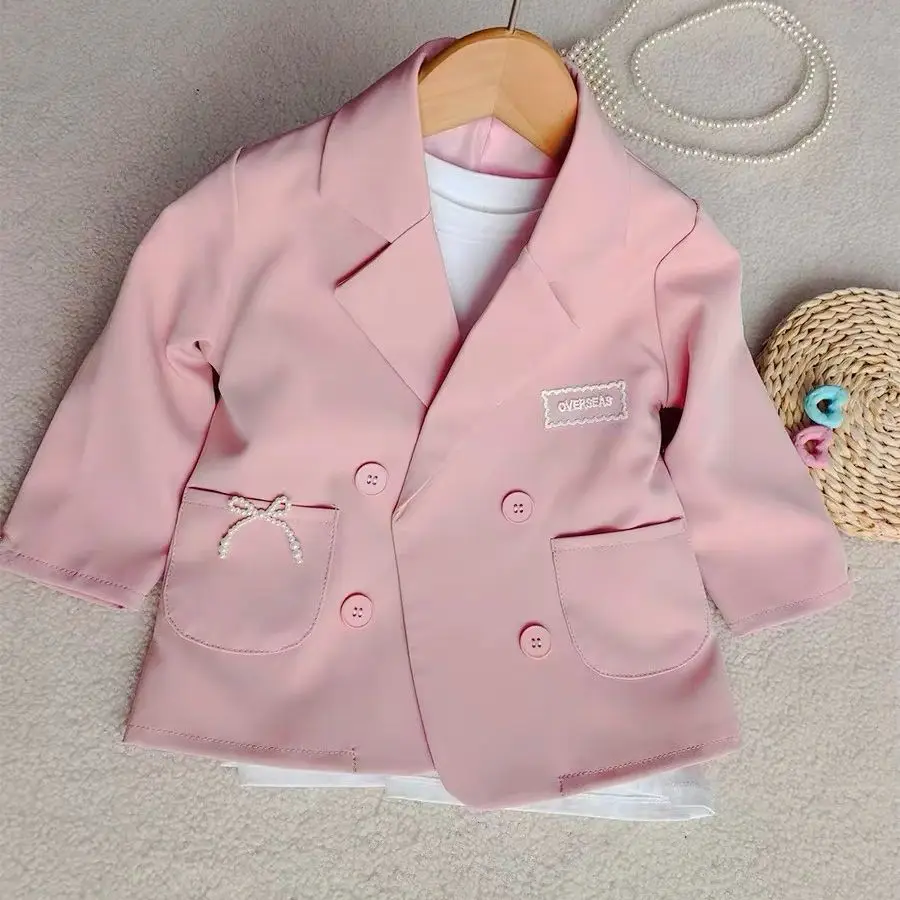 Girls Blazer Jacket Spring Autumn Kids Fashion Lapel Collar Solid Color Double Breasted Trench Coat Children Outerwear