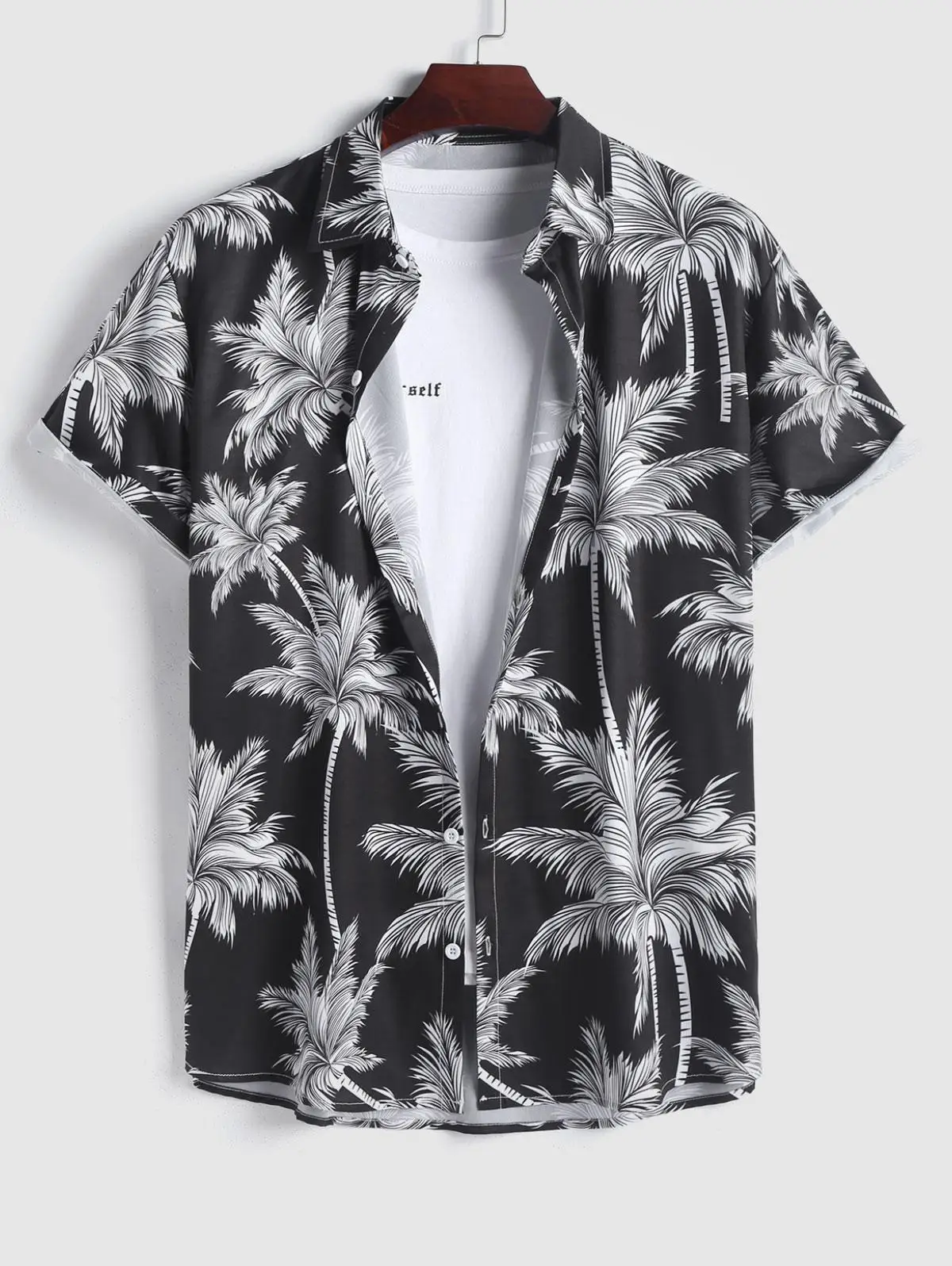 

2024 Men's Tropical Print Hawaiian Summer Beach Vacation Set Plant Coconut Tree Short Sleeve T- Shirt 4-Way Stretch Fabric Shirt