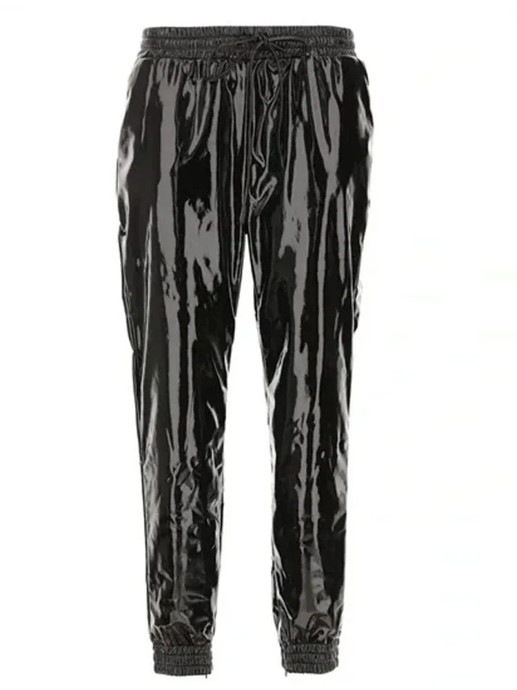Women Glossy Patent Leather Trousers Elastic Waistband High Waist Faux Latex Cargo Pants Ladies Casual High Waist PVC Sweatpants
