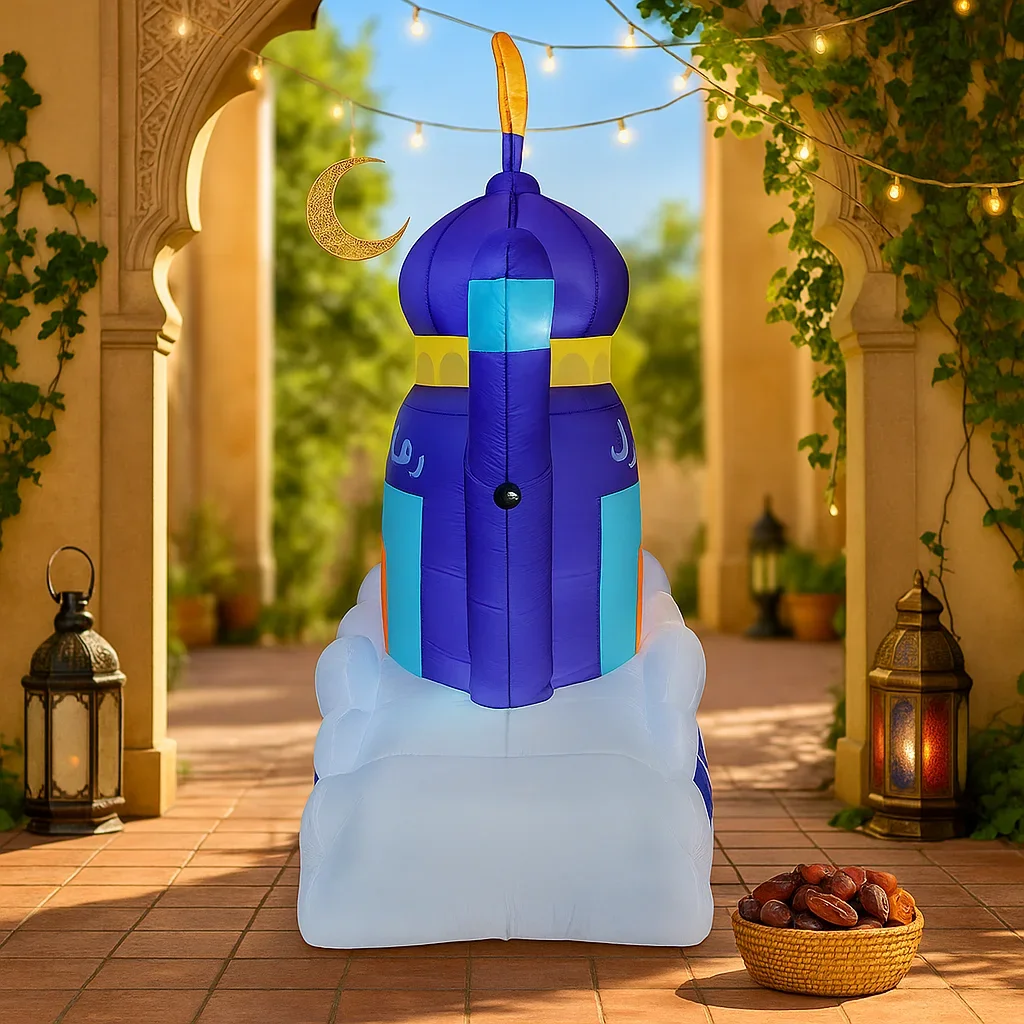 7FT Inflatable Toys Eid Mubarak Purple Dome Inflatable Mosque Decor LED Light Crescent Islamic Ramadan Inflatable For Yard