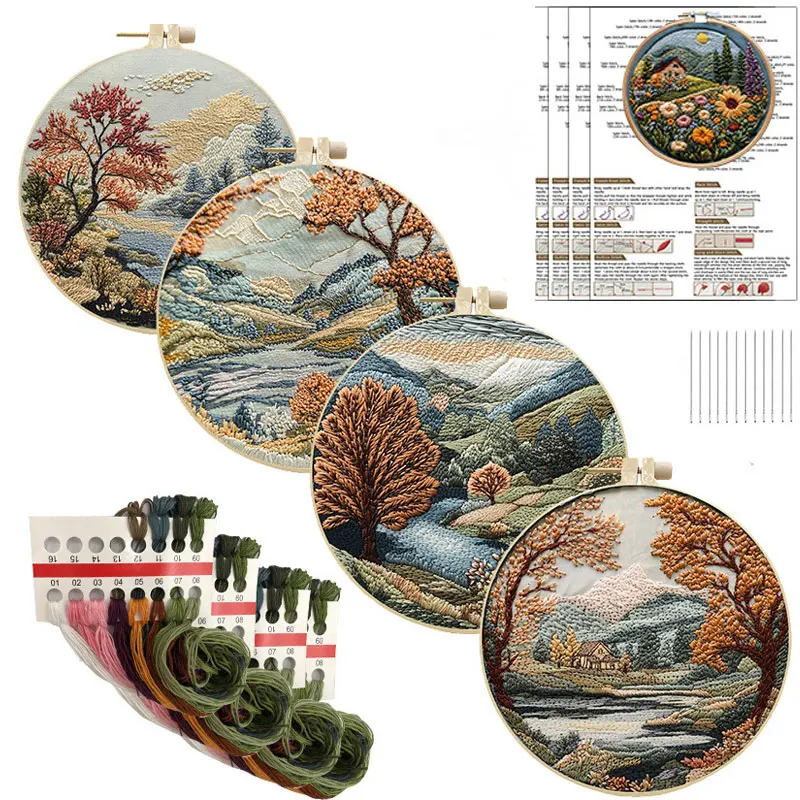 مجموعة أدوات تطريز الزهور DIY مع أدوات خيوط ملونة من القماش بنمط المناظر الطبيعية بدون طوق للخياطة الفنية والحرف اليدوية لديكور المنزل #1