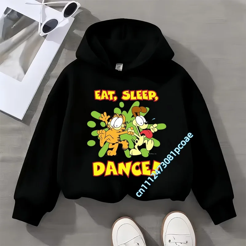 Garfield cartoon print children's hooded sweatshirt for boys, girls, casual top for women, long-sleeved for autumn and winter