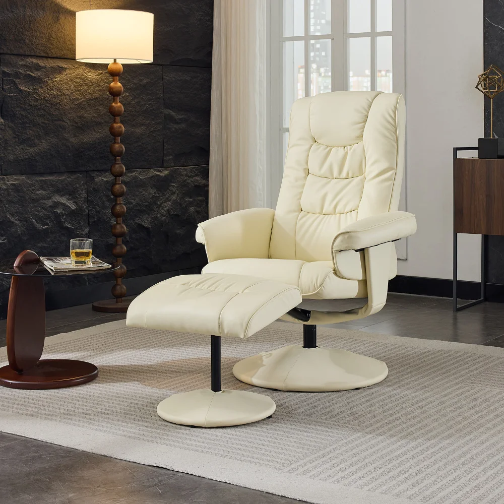 

015 Beige PU Leather Recliner w/Ottoman:360°Swivel,5-Point Massage,Heated,140°Adjustable