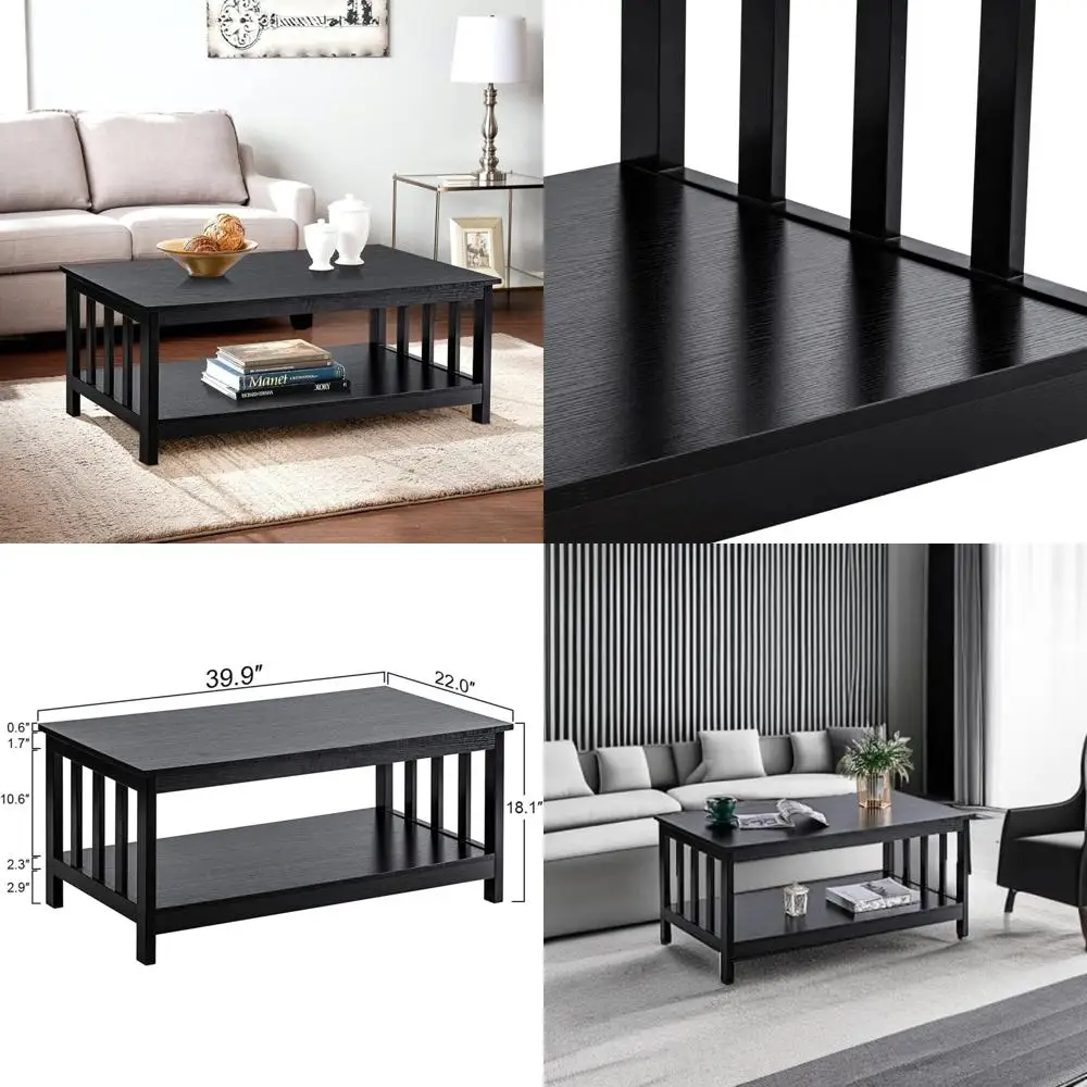 Black Wooden ChooChoo Mission Style Living Room Coffee Table with Shelf, 40 Inches