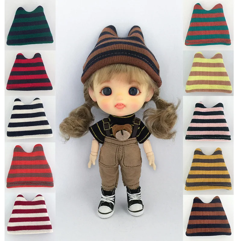 Ob11 Doll Hat Fashion Accessories Striped Knit Candy Color Cat Hat For 1/12 Bjd Doll GSC Handmade Clay Doll Molly Girls Toy Gift