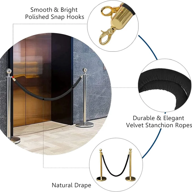 AF90-2 Pack Velvet Stanchion Rope With Gold Hooks, Crowd Control Rope Safety Barrier Red Carpet Decoration, 5 Feet - Image 3