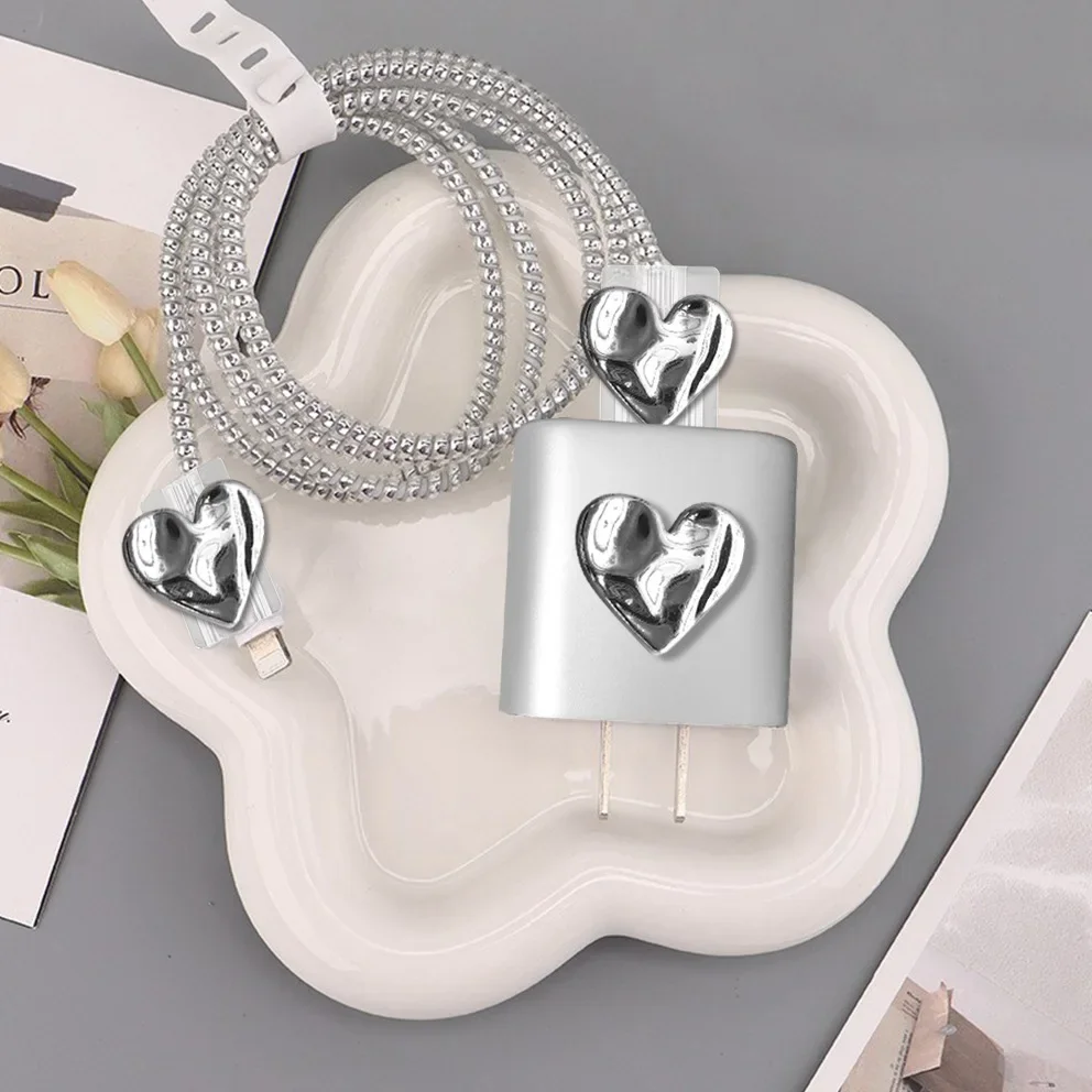 3D Silver Love Heart Case for iPhone 15/14/13/12/11 Pro Max and Fast Charging 18W/20W Charger Protective Data Line Cover Case