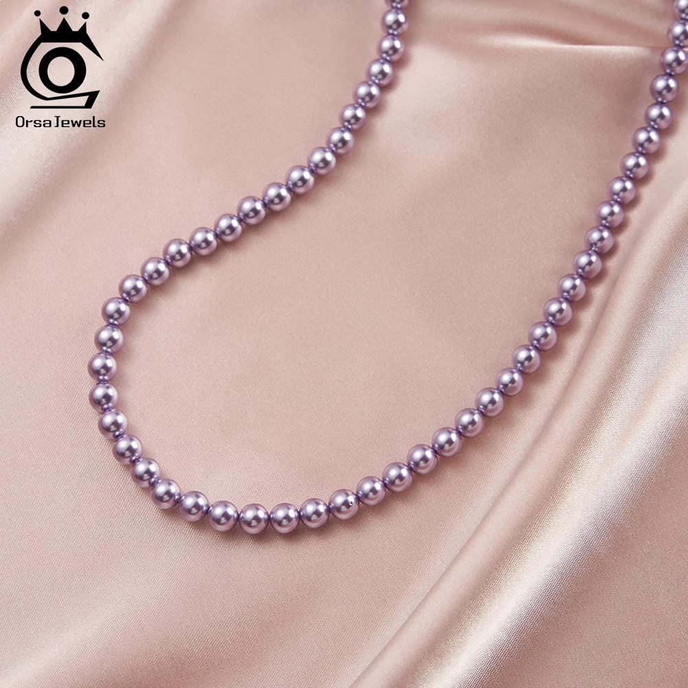 

ORSA JEWELS Soild 925 Sterling Silver 6mm Pink Purple Shell Pearl Beaded Necklace Simple Round Shell Pearls Neck Chain PSN04