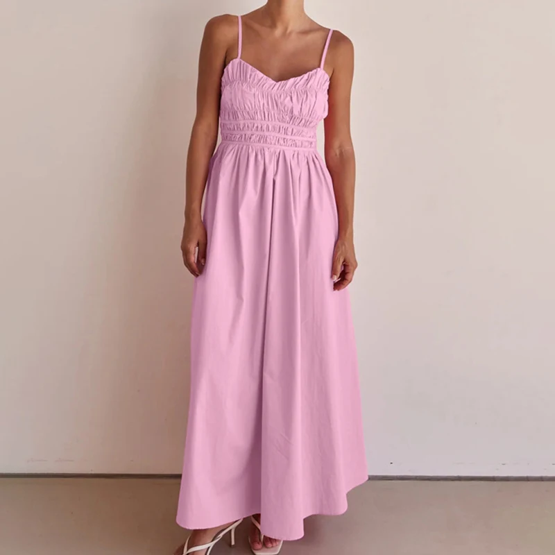 

Ticketsx Pink Ruched Dress Women's V Neck Sleeveless Backless High Waist Sling Dress Female Fashion Classic Casual Loose Dresses