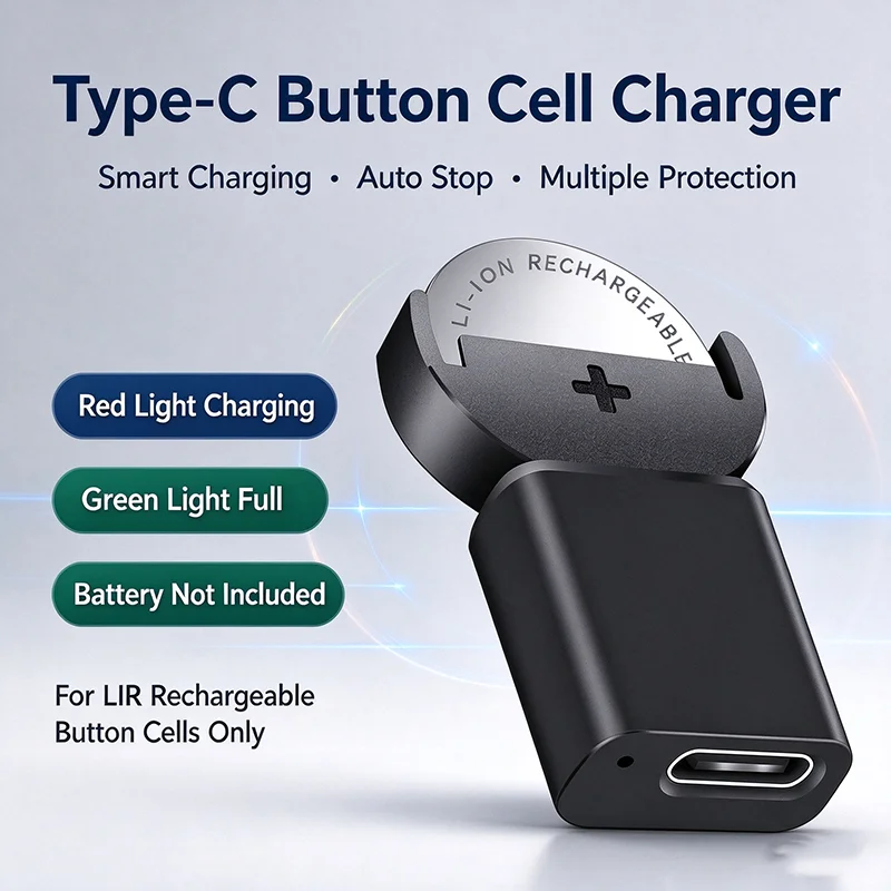 Portable LIR Lithium Coin Battery Charger USB-C Input Charger with Red/Green LED Indicator Fit LIR2032 LIR1632 LIR2025 LIR2016