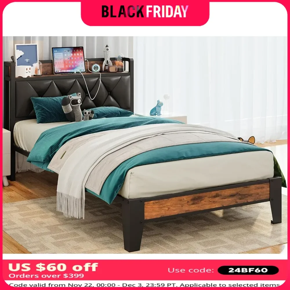 Twin Bed Frames, Storage Headboard with Outlets, Easy To Install, Sturdy and Stable, No Noise, No Box Springs, Bed Bases