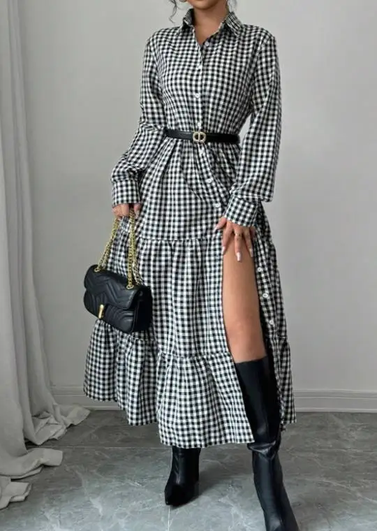 

Dress Autumn Temperament Elegant Slim Fit Plaid Printed Button Open Dress Slim Fit Fashionable A-Line Long Sleeved Shirt Dress