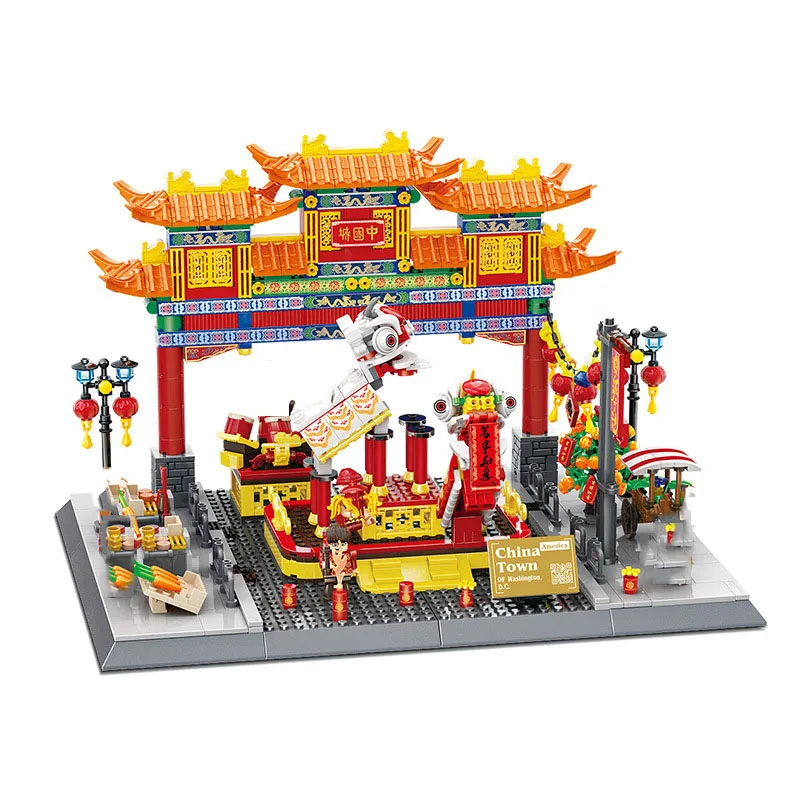 Creative Modern Architecture Building Block Chinatown Construction Model Lion Dance Figures Brick Toy Collection For Gifts