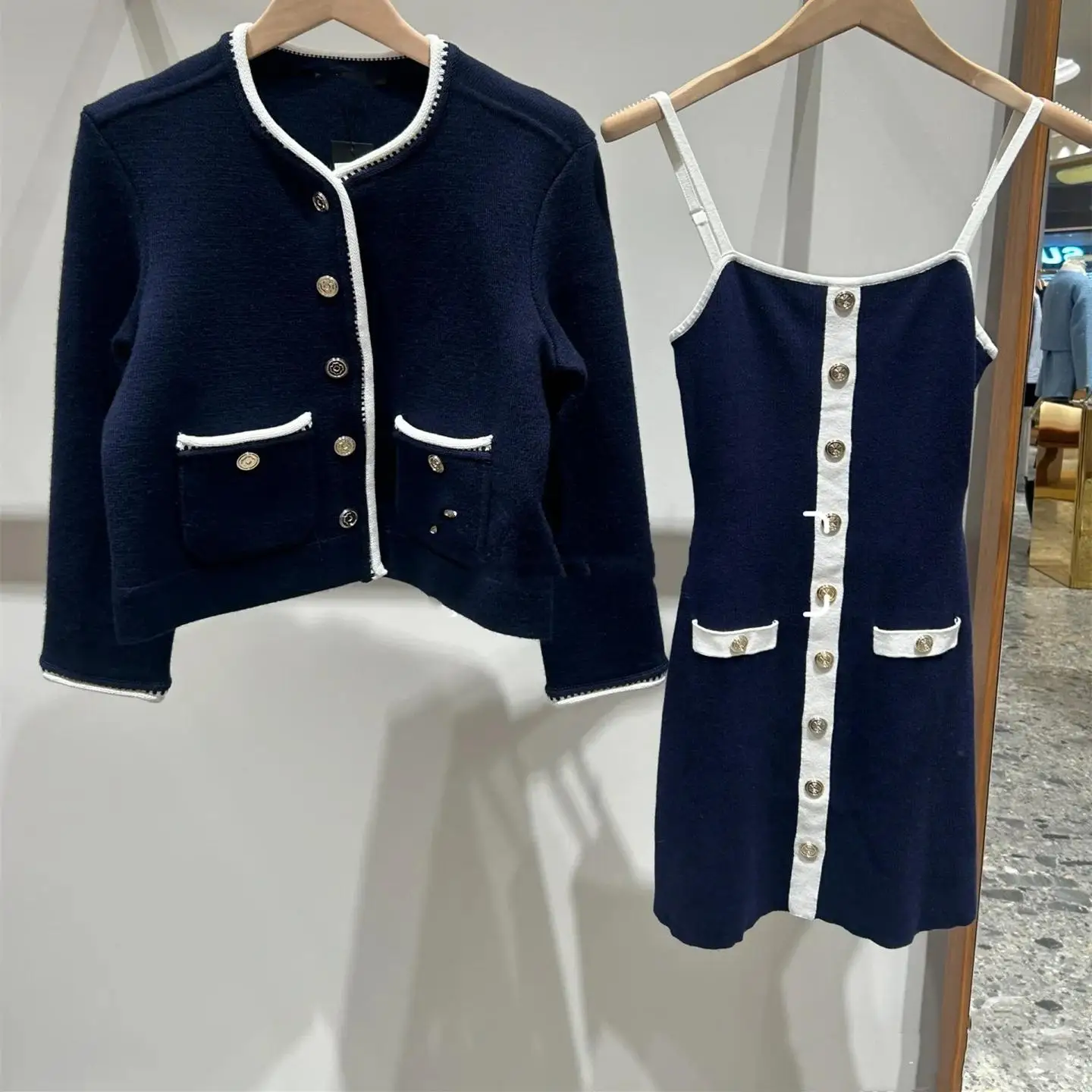 High-End Fashion Knitted Deep Blue Dress Women's round Neck Long Sleeve Casual Open Cardigan Style One-Piece Clothing