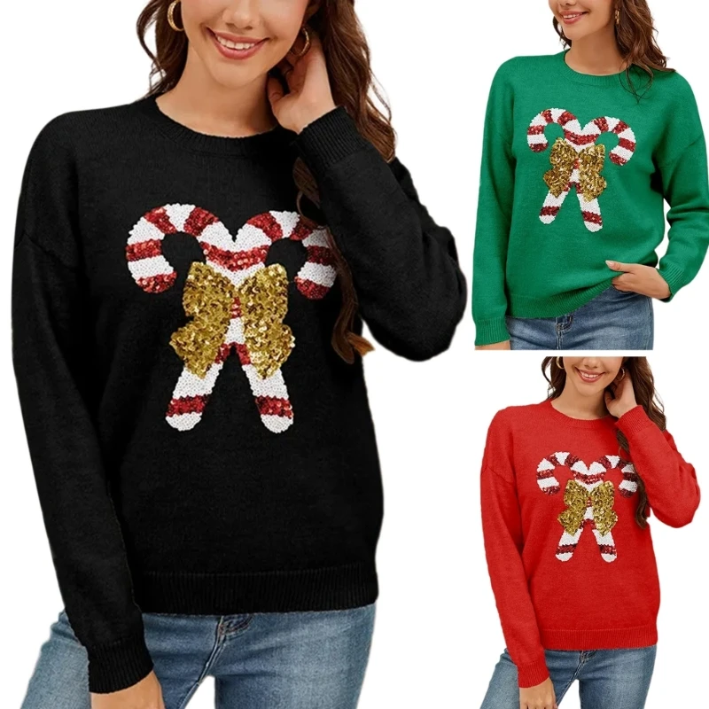 Holiday Spirit Women's Sweater with Glittering Sequins Pullover Candy Cane and Bows Decoration Round Neck Pullover