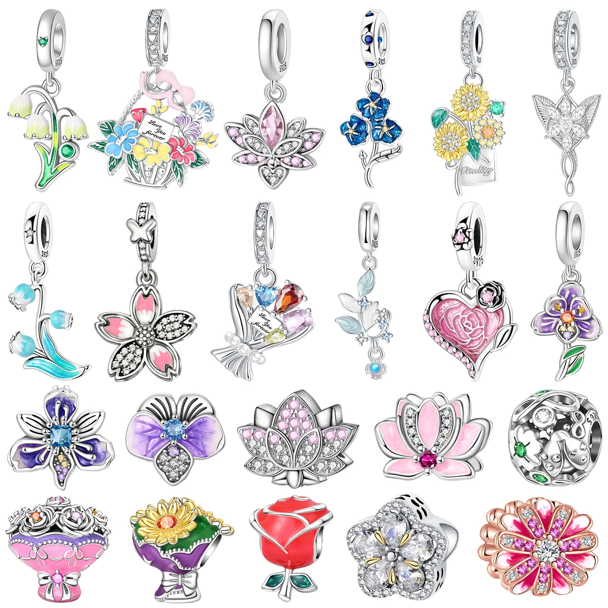 925 Silver Floral  Pave Lily of The Valley Pink Lotus Sunflower Bouque Purple Pansy Gem Charms Peach Blossom Beads Fine Jewelry