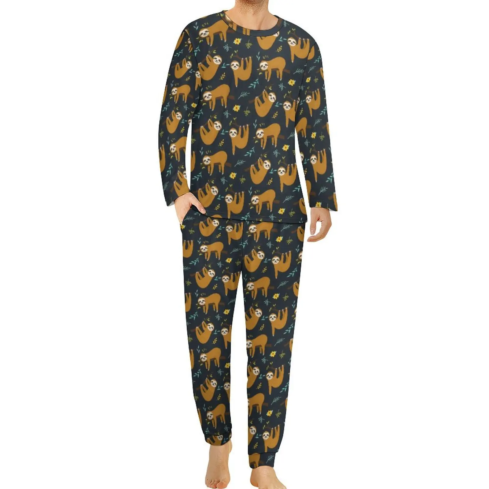 Animal Print Pajamas Spring Adorable Sloths Room Sleepwear Men 2 Pieces Graphic Long Sleeves Kawaii Big Size Pajama Sets