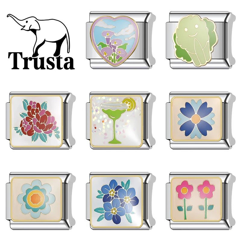 Trusta 2025 New Fashion Shiny Love Flower wine glass Italian Links Fit 9mm Bracelet Stainless Steel for Women DIY Jewelry N650