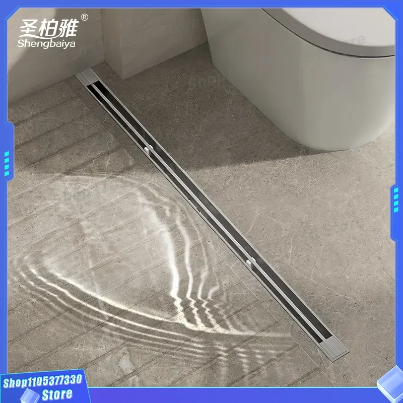 304 Stainless Steel Linear Floor Drain Brushed Finish Extra Long Narrow Strip for Bathroom Shower with Copper Deodorant Core