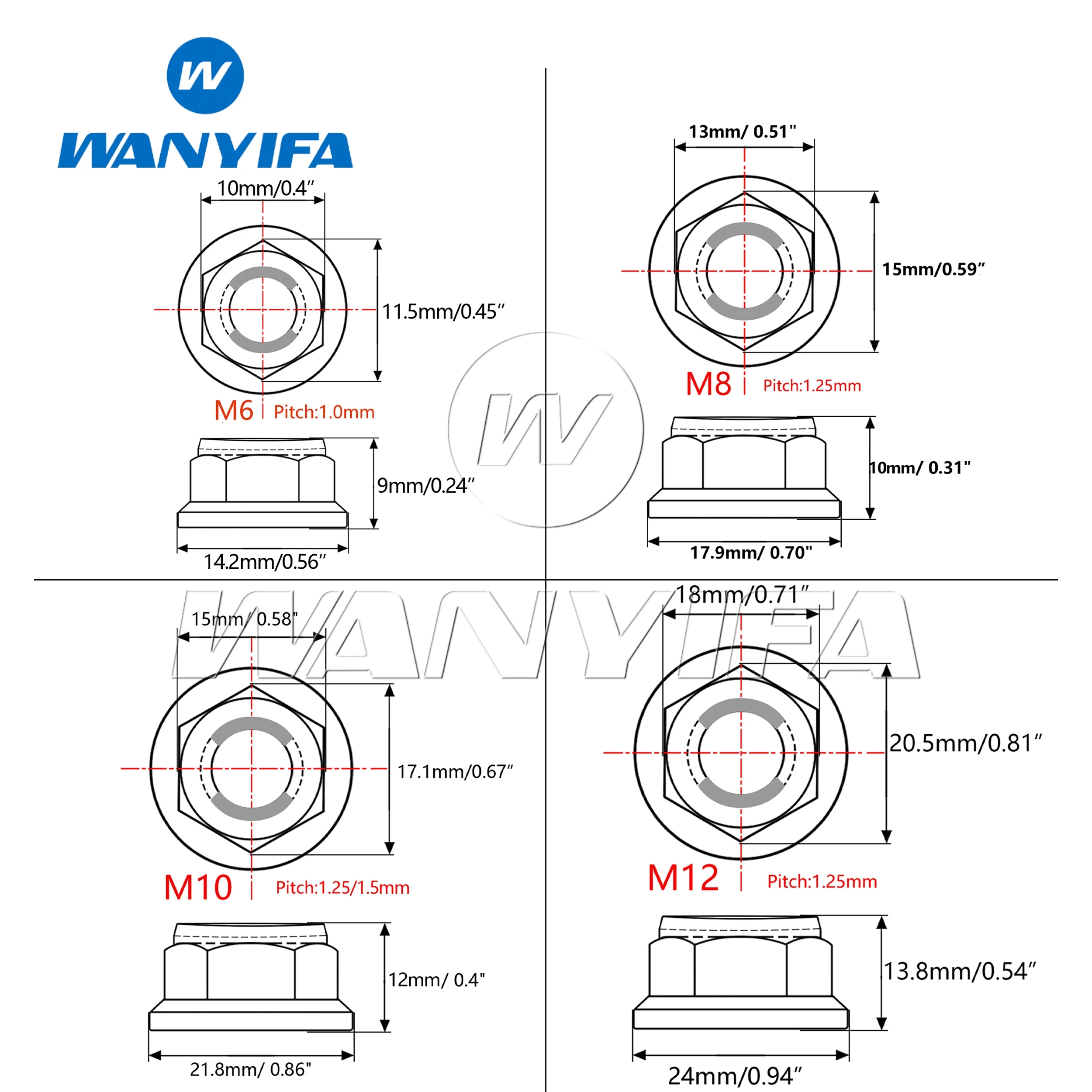 Wanyifa Titanium Nut M6/M8/M10/M12 Flange Lock Nuts for Cycling Modification 6pcs
