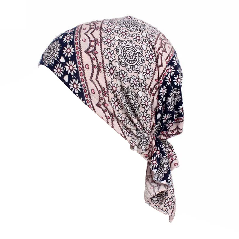 Muslim Pre-Tied Style Cotton Turban Hat Headscarf Ladies Floral Print Bandanas Soft Headwear Hair Loss Cancer Chemo Cap Turbante