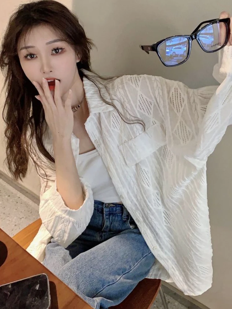 Shirts Women Hollow Out Design Summer Thin Sun-proof Casual Loose Holiday Ins Pure Fashion All-match Korean Style Chemise Femme