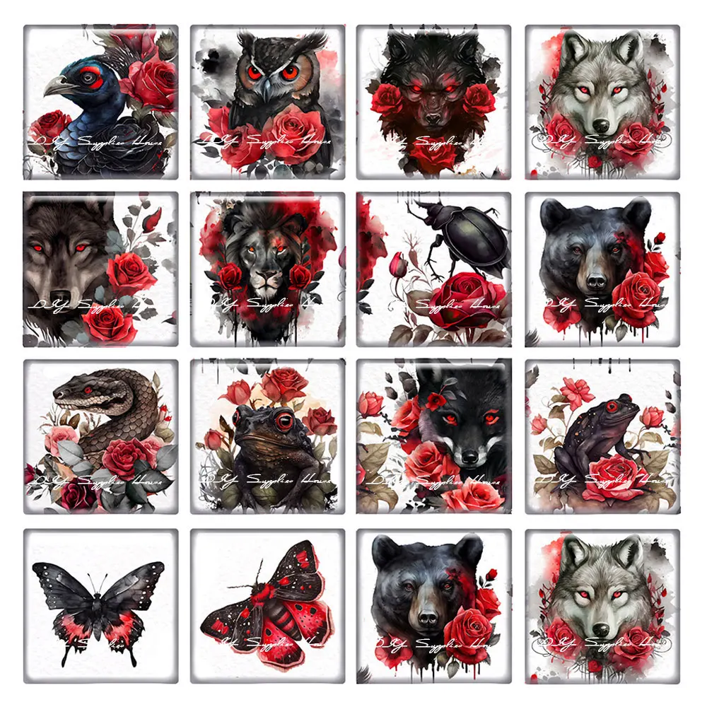 10pcs/lots Halloween Gothic Red Rose Owl Wolf Snake Square Photo Glass Cabochon Charms Demo Flat Back Cameo Diy Jewelry Making