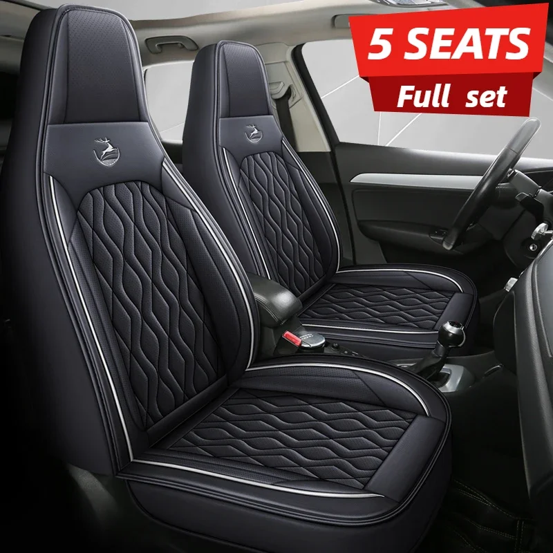 5-Seat Full Set Car Seat Covers for One-Piece Seats, Deer Embroidery Nappa Leather Full Wrap, All-Season Durable Easy-Care