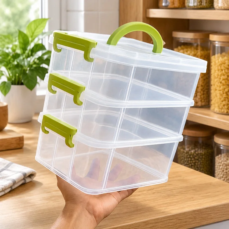 Transparent Plastic Storage Box with Four Sections, Stackable Organizer Drawer for Toys and Small Accessories