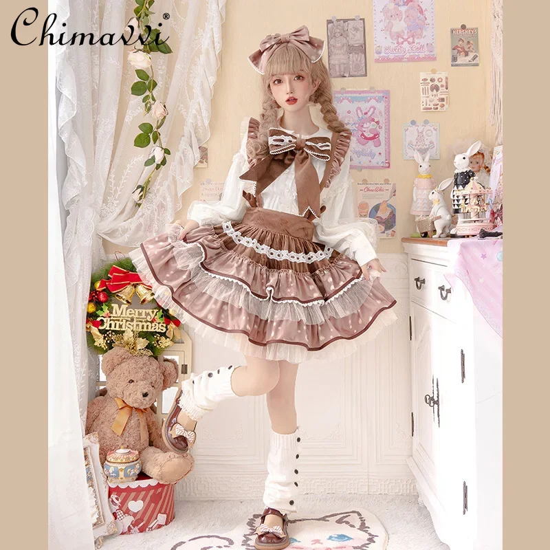 Original Design Three-section Christmas Removable Strap Short SK Skirt Autumn Sweet Girl High-waisted Kawaii Lolita Skirts