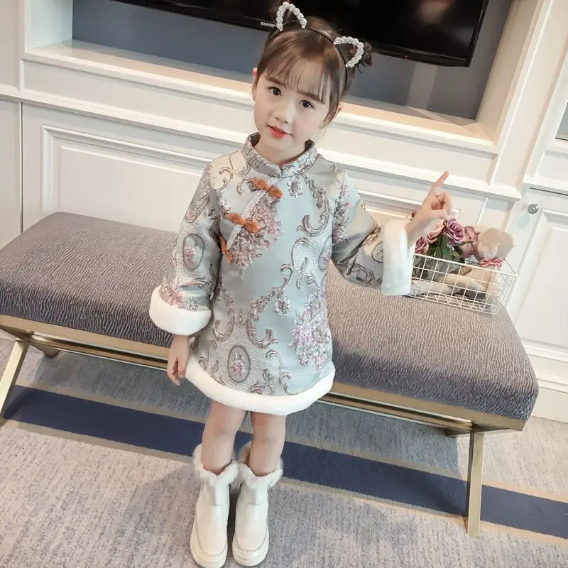 

Girls' Hanfu Autumn/Winter New Qipao Skirt Children's Baby Chinese Retro New Year's Dress Kids' Cheongsam New Year's Skirt LI976