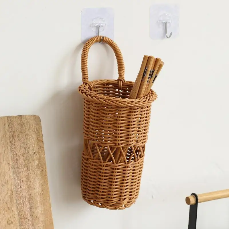 Wall Mount Chopstick Cage Rattan Woven Hanging Basket Kitchen Tableware Spoon Storage Holder with Faux Flower Decor Organizer