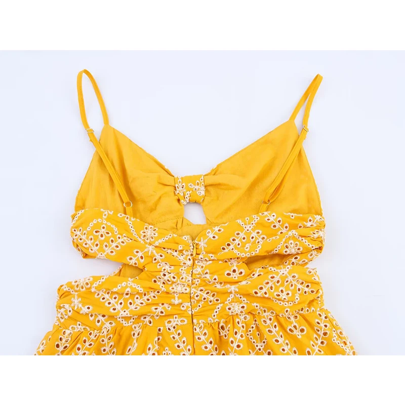 Sexy Spaghetti Straps Floral Embroidery Hollow Out Dresses Women Summer 2025 A-line Midi Dress Yellow Vestidos