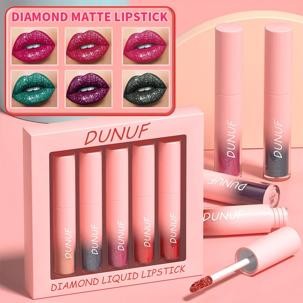 DUNUF nuevo 5 unids/set diamante lápiz labial metálico brillo de labios maquillaje hidratante nutritivo taza antiadherente brillo labial brillo de labios