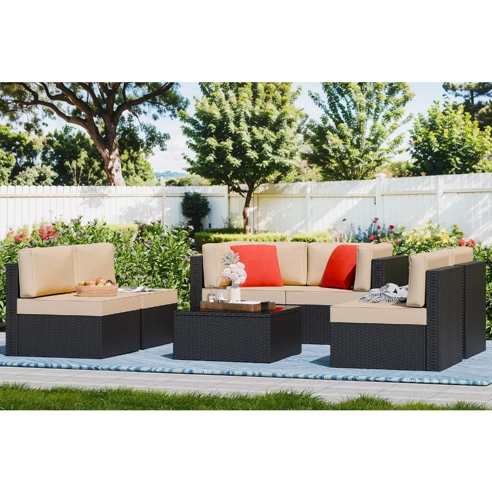 Outdoor Patio Furniture Sets, Outdoor Sectional Rattan Sofa, PE Manual Weaving Wicker Patio Conversation Set with Cushion