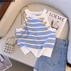 Halter Slim Striped Knitted Vests Women Crop Tops 2024 Summer Sleeveless Gold Buttons Knitwear Sexy Elegant Streetwear Vests