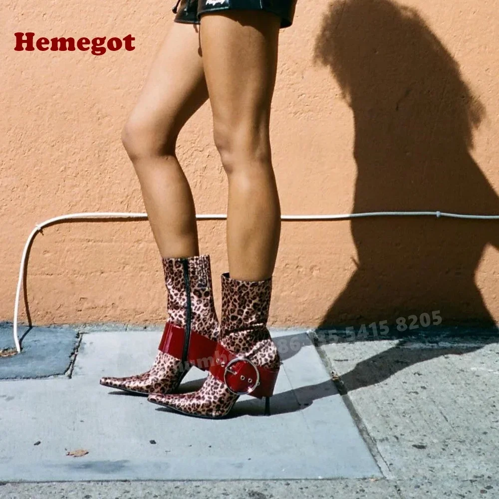 Leopard Belt Buckled Ankle Boots Pointy Toe Side Zipper Stiletto Women's Short Booties Satin Thin High Heels Winter Runway Shoes