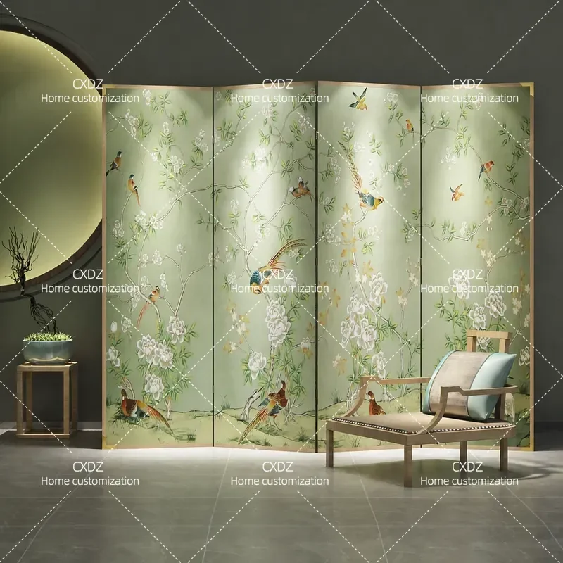 Modern Folding Screen Partition for Living Room Bedroom Hotel Elegant Floral Bird Pattern Mobile Room Divider Privacy Panel