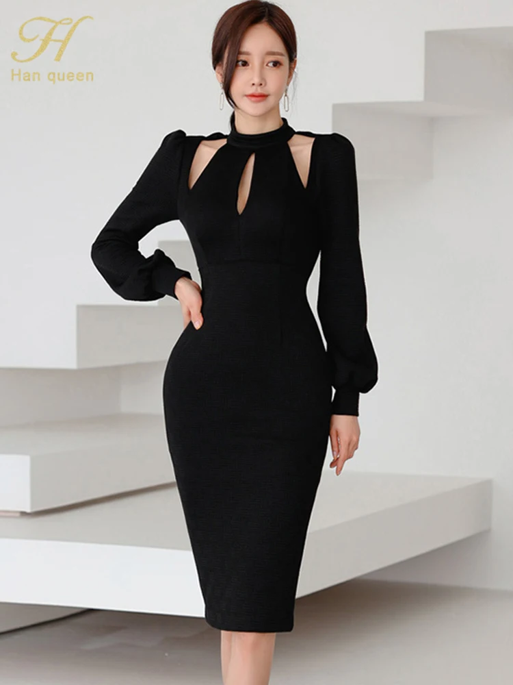 

H Han Queen New Spring Puff Sleeve Korean Sheath Pencil Dress Women Office Bodycon Dresses Party Casual Business Vestidos