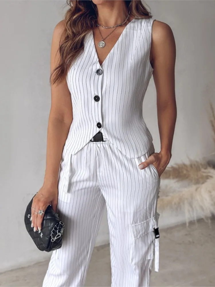 Fashion Striped Print Vest Suit For Women New Summer Casual V-neck Button Top Pocket Loose Pants Outfits 2-piece Set Office Lady