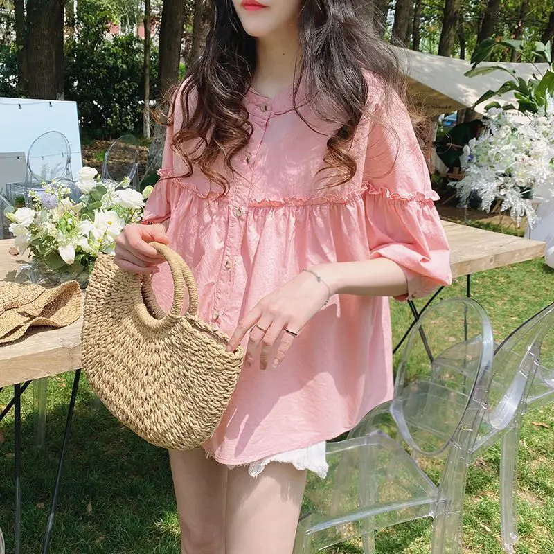 Spring Autumn Fashion Solid Color Stand Women\'s Clothing Blouses Pleated Edible Tree Fungus Bishop Sleeve Loose Chic Baby Shirt